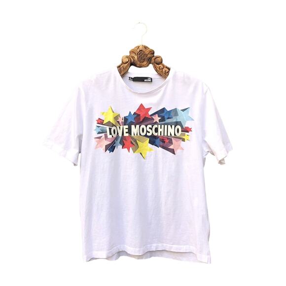LOVE MOSCHINO Glitter Stars T-shirt In White 100% Cotton Crew Neck US  6 - Picture 1 of 9